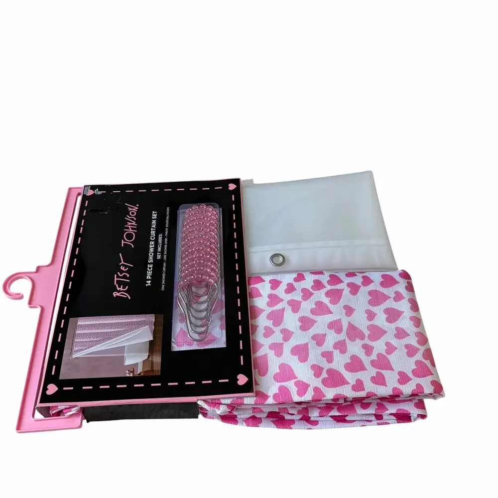14pc Betsey Johnson Pink HEARTS Shower Curtain Hooks Liner Set 72x72 Valentine